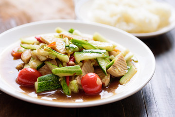 Spicy cucumber salad and sticky rice, Thai food