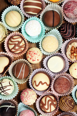 a lot of variety chocolate pralines, belgian confectionery gourmet chocolate praline.