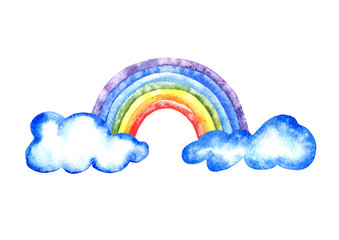 Rainbow and clouds.Watercolor hand drawn illustration.White background.