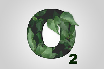 O2 - oxygen symbol. Modern text and creative typography. Nature concept design with green leaves. Design print for t-shirt,, badges, sticker, greeting card, banner, posters, flyers.