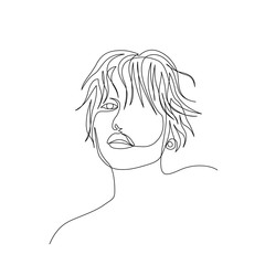 Continuous one line beautiful woman face with short wavy hair. Art