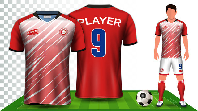 Soccer Jersey and Football Kit Presentation Mockup Template, Front and Back View Including Sportswear Uniform, Shorts and Socks and it is Fully Customization Isolated on Transparent Background.