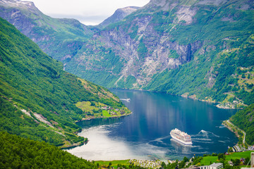Obraz na płótnie Canvas Fjord Geirangerfjord with cruise ship, Norway.