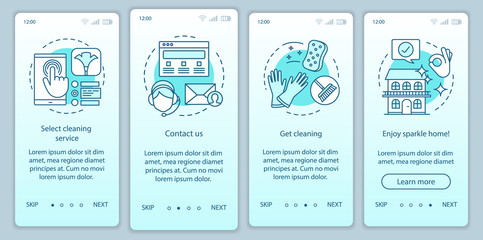 Cleaning service booking onboarding mobile app page screen, linear concepts