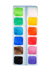 paints, back to school items on white background. Schol supplies. Hand drawn watercolor illustration.