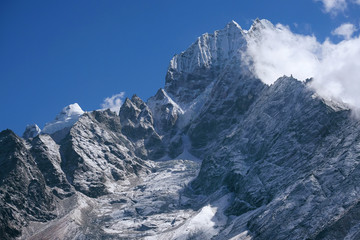 Panoramic view of Thamserku mountain on the road to Everest Base Camp in Sagarmatha National par,...