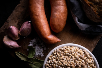 Sausage and bread, traditional peasant food. Home cooking.