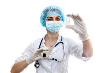 Woman in protective uniform holding ampoules isolated on white