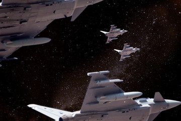 Warplanes flying in formation under a sky full of stars