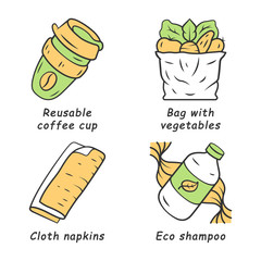 Zero waste swaps handmade color icons set