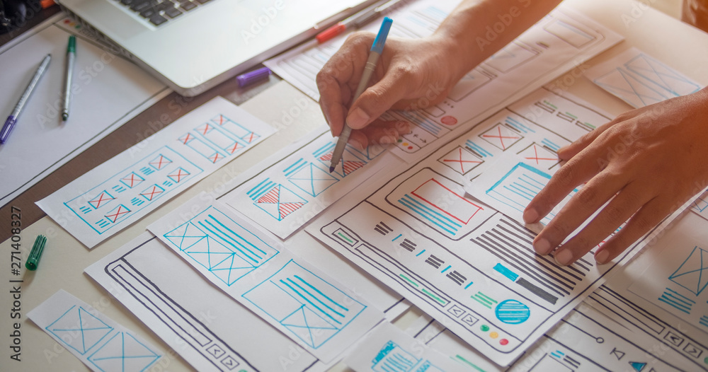 Aufkleber website designer creative planning application developer development draft sketch drawing template l