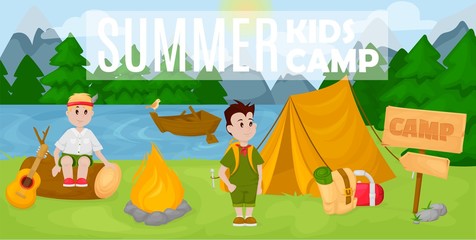 Fototapeta premium Summer kids camp poster scout vector illustration.