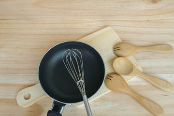 top view of cooking equipment with utensils