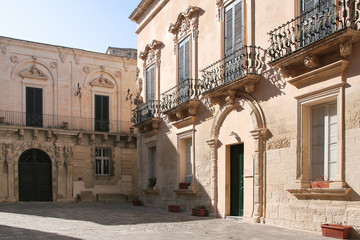 Fototapeta na wymiar Falconieri typical square with its baroque palaces in Lecce, Italy