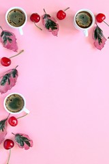 Coffee with fruits and follies on pink background. Top view with copy space. Flet lay style. Summer concept. © Ale02