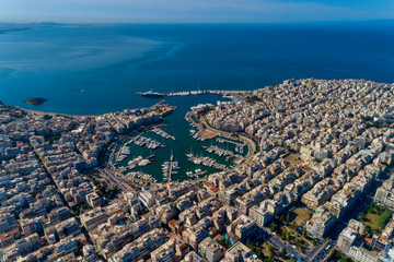 Aerial drone panoramic photo of Piraeus and Marina of Zea (pasalimani) in daylight, Attica, Greece.