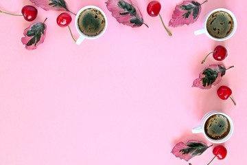 Coffee with fruits and follies on pink background. Top view with copy space. Flet lay style. Summer concept. © Ale02