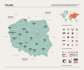 Vector map of Poland. Country map with division, cities and capital Warsaw. Political map,  world map, infographic elements.