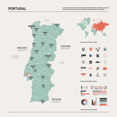Vector map of Portugal. Country map with division, cities and capital Lisbon. Political map,  world map, infographic elements.