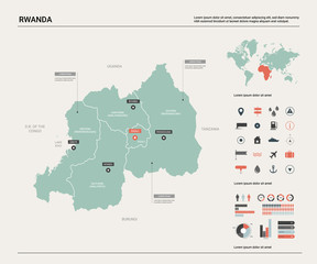 Naklejka premium Vector map of Rwanda. Country map with division, cities and capital Kigali. Political map, world map, infographic elements.