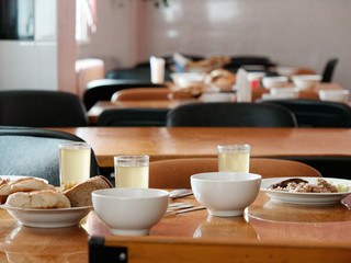cafe self-service. canteen. lunch dishes on a tray. fast and cheap food.