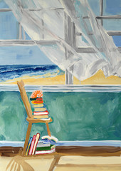 Chair with with a stack of books in front of the window