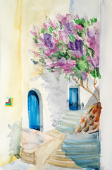 Watercolor drawing and painting of grecce village