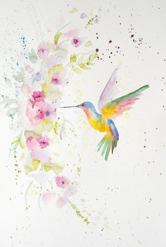 Watercolor painting of hummingbird. Handmade