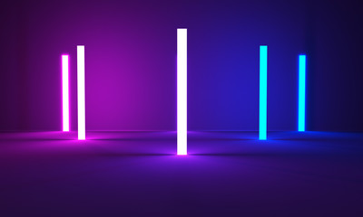 3d render, glowing lines, tunnel, neon lights, virtual reality, abstract background, square portal, arch, pink blue spectrum vibrant colors, laser show