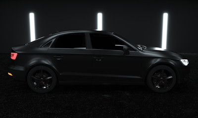 Fototapeta na wymiar Futuristic black sports car, rear view (with grunge overlay) concept, brandless - 3d render