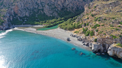 Obraz premium Aerial drone view of Mediterranean paradise river with palm trees flowing to sandy deep turquoise beach
