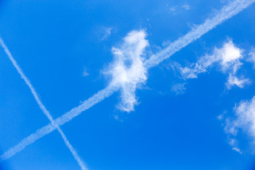 White trail of the plane in the sky, inversion, imagine.