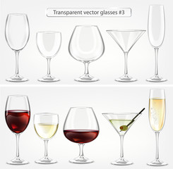 Set of transparent vector glass goblets for wine bar. Drinks of wine, brandy, champagne, martini 
