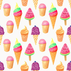Watercolor illustration drawn by hand. Ice Cream Pattern