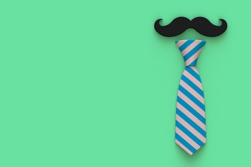 Happy Father’s Day concept with mustache and neck tie on green background, Top view with copy space, 3d rendering