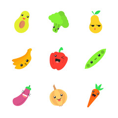 Vegetables and fruits cute kawaii flat design long shadow characters set