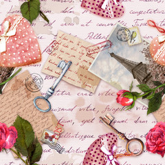 Handwritten letters, vintage photo of Eiffel Tower, hearts, rose flowers, stamps, keys. Repeating background, love symbols for Valentine day