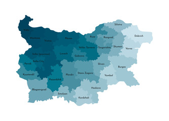Vector isolated illustration of simplified administrative map of Bulgaria. Borders and names of the regions. Colorful blue khaki silhouettes
