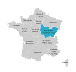 Vector isolated illustration of simplified administrative map of France. Blue shape of Bourgogne-Franche-Comté. Borders of the provinces (regions). Grey silhouettes. White outline