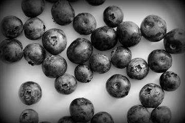 Fresh blueberry on a white plate close up. Top view black and white