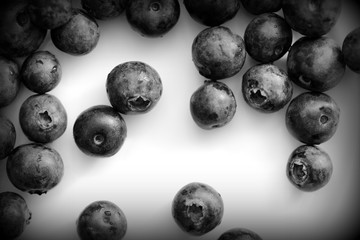 Fresh blueberry on a white plate close up. Top view black and white