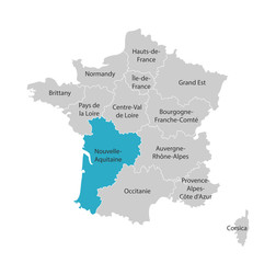 Vector isolated illustration of simplified administrative map of France. Blue shape of Nouvelle-Aquitaine. Borders of the provinces (regions). Grey silhouettes. White outline