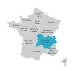 Vector isolated illustration of simplified administrative map of France. Blue shape of Auvergne-Rhône-Alpes. Borders of the provinces (regions). Grey silhouettes. White outline