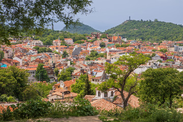 View of old Plovdiv town from Nebettepe hill. European capital of culture 2019.