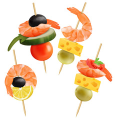 Set of Canape. Cheese, tomatoes, shrimp, cucumber, olive. Vector3D illustration - 271415309