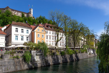 Fototapeta na wymiar Ljubljana, Slovenia. River bank, tenements and castle on the hill
