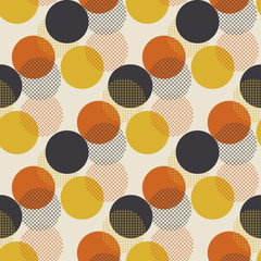 Geometrischer Kreispunkt nahtlose Muster-Vektor-Illustration im Retro-Stil der 60er Jahre. Vintage Ball aus den 1970er Jahren formt abstraktes Motiv in heißen orangen und gelben Farben für Teppich, Geschenkpapier, Stoff, Hintergrund...