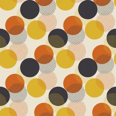 Behang Geometrische cirkel stip naadloze patroon vectorillustratie in retro jaren & 39 60 stijl. Vintage jaren 70 bal vormen abstract motief in warme oranje en gele kleuren voor tapijt, inpakpapier, stof, achtergrond.. © galyna_p