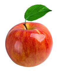 red ripe apple fruit with leaf isolated white background