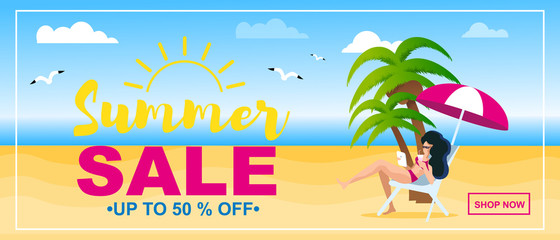 Fototapeta na wymiar Summer Sale up to 50 Percent Discount Flat Banner